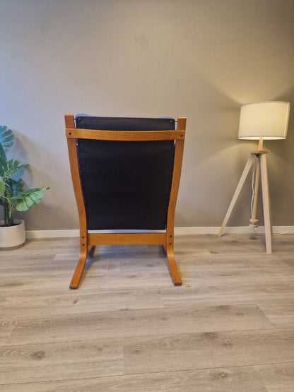 Ekornes Siesta lenestol med høy rygg i blått stoff