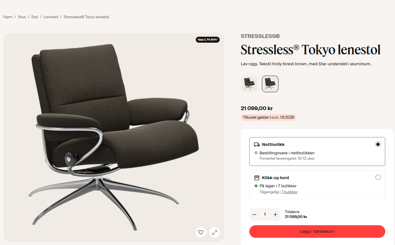 Stressless Tokyo lav lenestol i blå