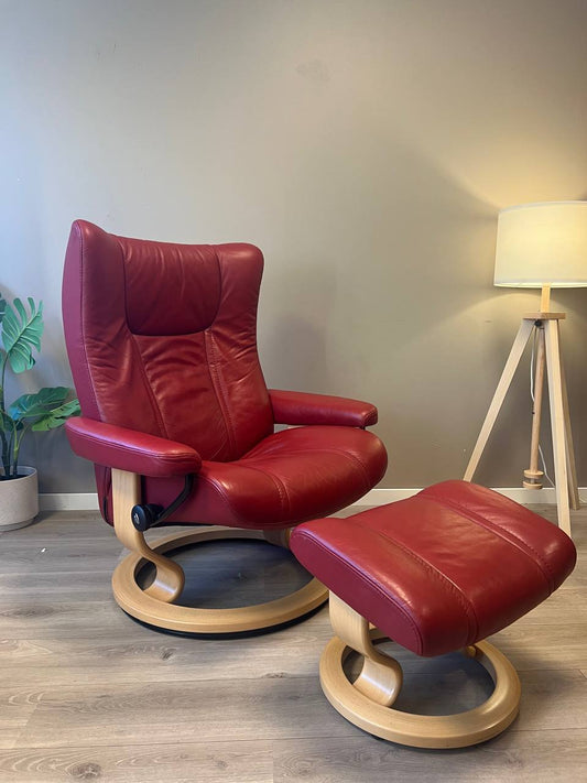 Stressless Wing (L) lenestol m/krakk i rød skinn