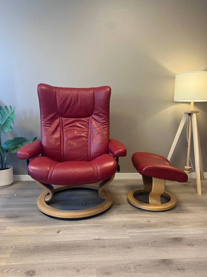 Stressless Wing (L) lenestol m/krakk i rød skinn